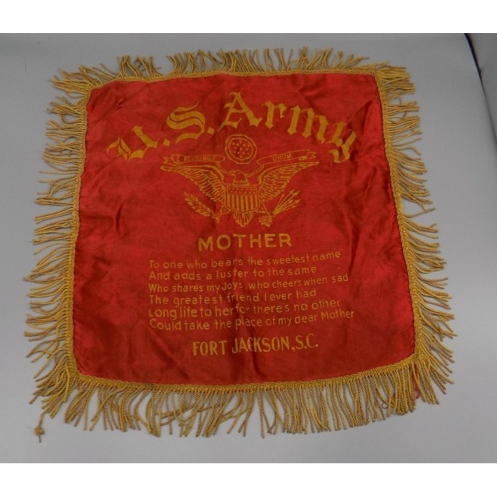 US Army WWII Mother Pillow Cover Fort Jackson SC Fringed Vintage War